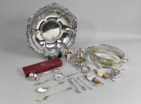 A Collection of Various Silver Plate to Include Circular Bowl, Sifter and Jam Spoons, Mustards etc