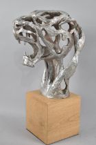 A Modern Cast Metal Sculpture of a Snarling Lioness Mounted on Wooden Cube Base, 40cm High