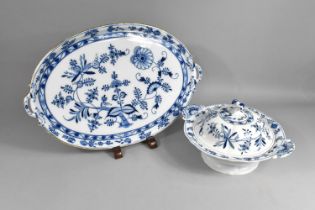 A Meissen Onion Pattern Tureen and Cover Together with a Large Porcelain Oval Tray in the Same