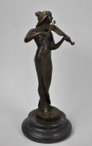 A Reproduction Art Nouveau Bronze Figural Study of Maiden Playing Violin on Circular Stepped Faux