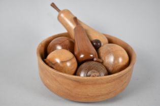 A Modern Turned Wooden Bowl Containing Treen Fruit, 17cms Diameter