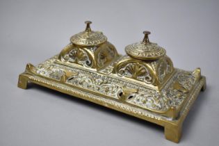 A Late 19th Century French Brass Twin Ink Stand and Pen Rest, Both Containers with Hinged Lids but