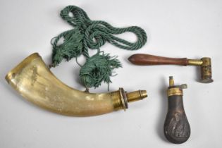 A 19th Century Brass Mounted Powder Horn, A Small Shot Flask Decorated in relief with Bald Eagle and