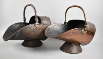 Two 19th Century Copper Helmet Shaped Coal Scuttles, Have Been Repaired, 37cms Long