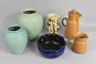 A Collection of Glazed Ceramics to Comprise Two Green Glazed Graduated Ribbed Vases (Tallest 25cm