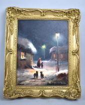 A Modern Gilt Framed Oil on Canvas Depicting Figures and Dogs Walking Home by Lamp Light, 22x29cm