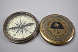 A Reproduction Circular Brass Pocket Compass Decorated with German Helmet, Swastika and Dated 20