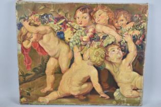 A Mounted but Unframed Oil on Canvas depicting Cherubs with Fruit, 56x47cm