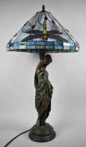 A Reproduction Bronze Effect Figural Table Lamp in the Form of an Art Nouveau Maiden with Tiffany