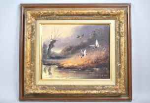 A Modern Gilt Framed Oil on Canvas Depicting Ducks Alighting on Pond, 29x23cm