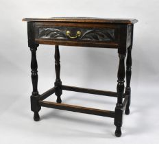 A Late 19th Century Carved Oak Side Table with Single Drawer and Turned Supports, 69cms by 44cms and