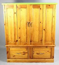 A Modern Pine Kitchen Cabinet with Hinged Doors to Shelved Interior, Two Deep Doors to Base, Green
