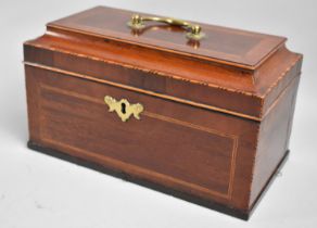 A 19th Century Inlaid Mahogany Tea Caddy of Sarcophagus Form with Brass Escutcheons and Carrying