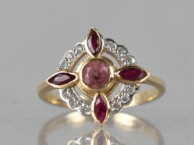 A Diamond, Pink Tourmaline and Ruby Ring by Luke Stockley in 9ct Gold, Central Round Cut Tourmaline,