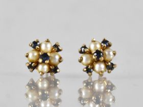 A Pair of Pretty Split Pearl and Sapphire Cluster Earrings Mounted in 9ct Gold, Central Round Cut