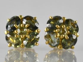 A Pair of Green Stone Cluster Earrings (Testing as Sapphires), Central Round Cut Stone 3mm