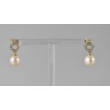 A Pair of 9ct Gold, Diamond and Pearl Earrings, Pearl Drops Approx 8mm Diameter, Surmounted by