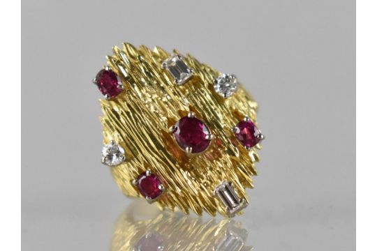 A 18ct Yellow Gold, Diamond and Ruby Cocktail Ring comprising Two Baguette Cut Diamonds (Approx 3. - Image 5 of 6