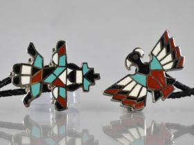 Two Native American Bolos, Silvered Metal with Enamel Decoration Depicting Thunderbird and