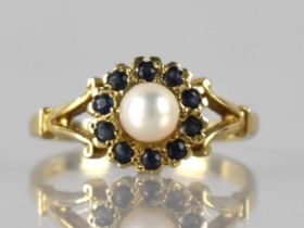 A Pretty Victorian Style Pearl and Sapphire Daisy Ring in 9ct Gold, Central Raised Pearl Measuring