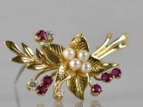 An 18ct Gold, Diamond, Ruby and Pearl Brooch, Four Pearls to Centre Flower (Approx 3mm Diameter),