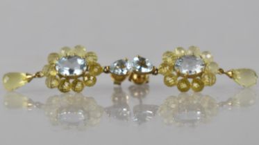 A Pair of Citrine and Aquamarine Cluster Drop Earrings in 9ct Gold, Central Oval Cut Stone Measuring