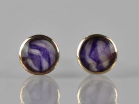 A Pair of Blue John Mounted Rose Gold Metal Earrings, Circular Blue John Low Cabochon Measuring 6.