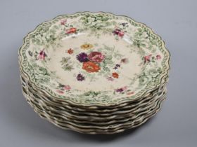 A Set of Ten Emerald Flowers Pattern Dinner Plates, Most Wavy Rims Chipped