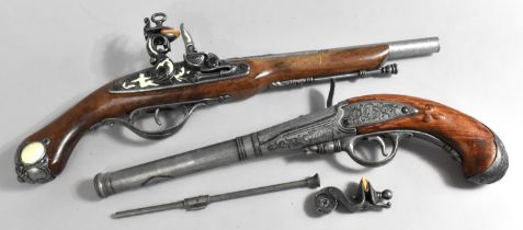 Two Replica Models of Flintlock Pistols, Smaller Example with Condition Issues and Damage