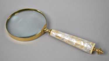 A Modern Desktop Brass and Mother of Pearl Handled Magnifying Glass, 25cms Long