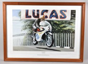 A Framed Limited Edition Motorcycling Print, "Flying Mike" by Rod Organ (Signed) 93/600, 59x49cms