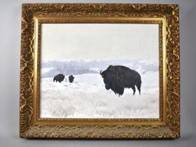 A Gilt Framed Oil on Canvas Depicting Buffalo in Winter Landscape Signed FF Wingfield, 44x35cms