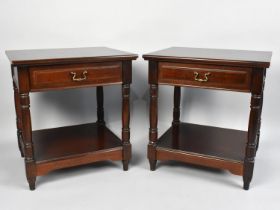 A Pair of Modern Mahogany Bedside Tables with Single Drawers and Stretcher Shelves, 50cms Wide