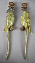 A Pair of Continental Wall Hanging Porcelain and Bronze Candle Sconces in the Form of Parrots, 47cms