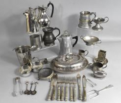 A Collection of Various Metal Wares to Comprise Pewter Tankards, Bed Chamber Stick, Silver Plated