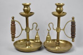 A Pair of Arts and Crafts Style Brass Candlesticks with Snuffers, 18.5cms High