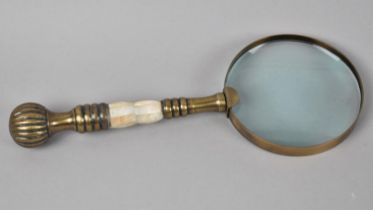 A Modern Brass and Mother of Pearl Handled Desktop Magnifying Glass, 26cms Long