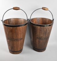 A Pair of Tapering Coopered Wooden Bollinger Champagne Buckets with Metal Banding, 40cms High