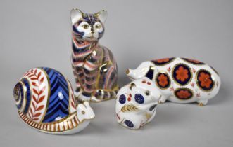 Four Royal Crown Derby Paperweights, Snail (Ceramic Button), Mouse, Pig (Ceramic Button) and