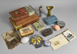 A Collection of Various Sundries to include Vintage AA Badge, Cigar Boxes, Postcards Etc