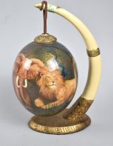 A Modern African Souvenir, Ostrich Egg Decorated with The Big Five Set on Resin Tusk Stand, 24cms