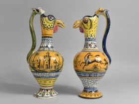 A Pair of Faience Cockerel Headed Ewers Having Scrolled Handles, 31cm high (Various Condition