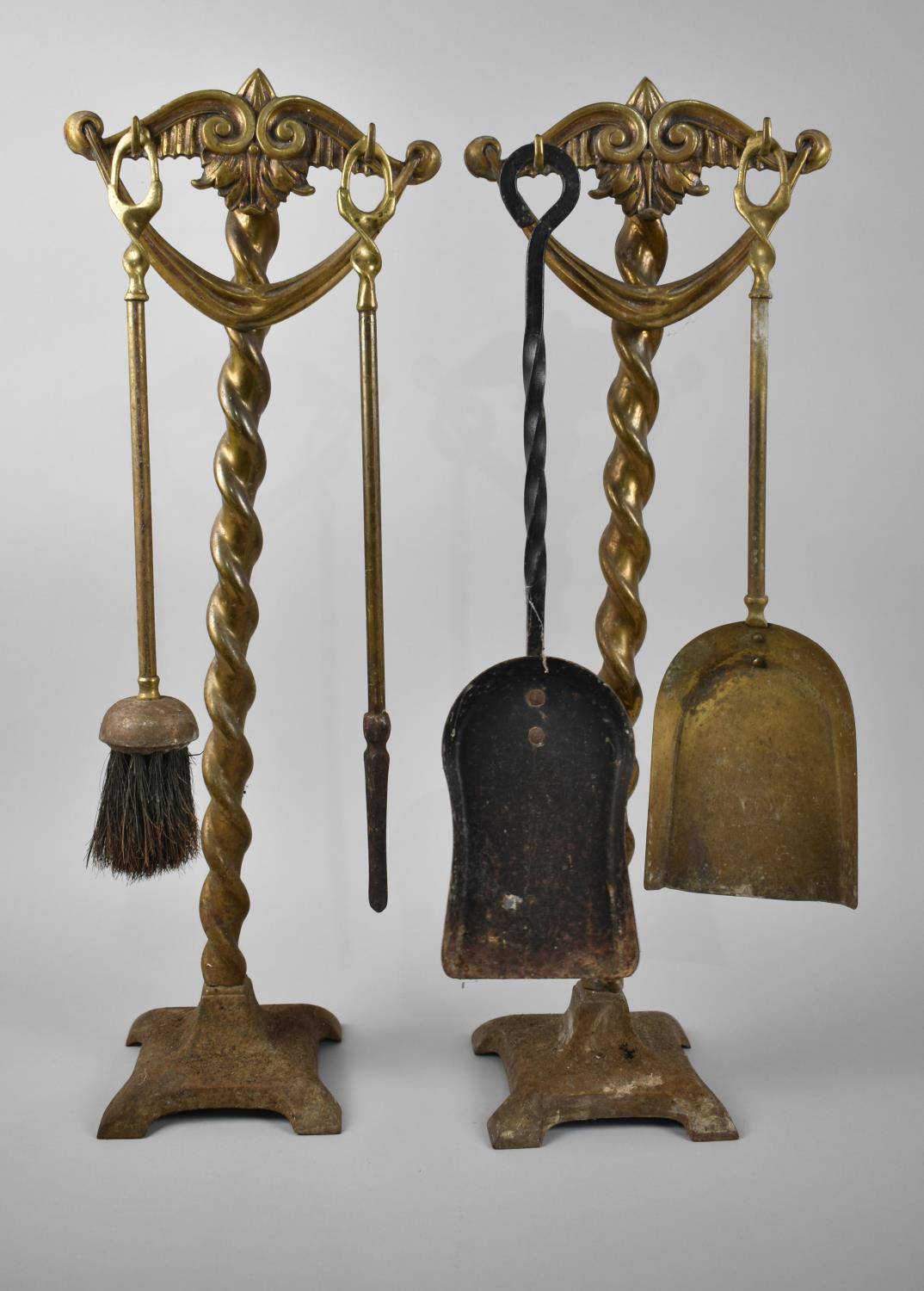 A Pair of Late 19th/Early 20th Century Brass Barley Twist Fire Companions with Fire Irons, 60cms