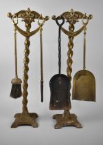 A Pair of Late 19th/Early 20th Century Brass Barley Twist Fire Companions with Fire Irons, 60cms