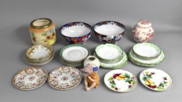 A Collection of Various Ceramics to Comprise Wileman Type Green Transfer Printed Saucers and Side