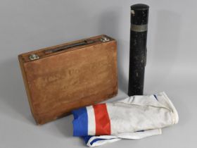 A Vintage Wooden Box Containing Whelmar Flag and Cylindrical Canister Containing Paint Brushes