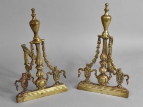 A Pair of Early 20th Century Brass Fire Dogs in the Adams Style, 31cms High