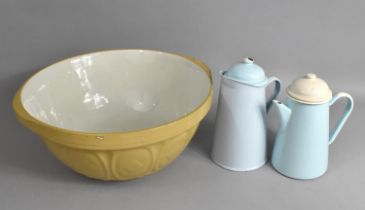 Two Pale Blue Enamelled Metal Coffee Pots and a Large Mixing Bowl, 40cms Diameter