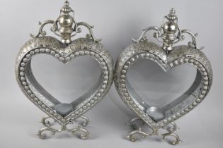 A Pair of Large Modern Plated Metal and Glass Heart Shaped Candle Lanterns with Hinged Lids, 52cms