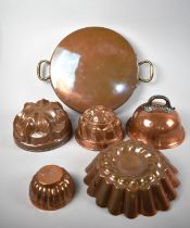 A Collection of Various Copper Jelly Moulds, Large Victorian Saucepan Lid Etc